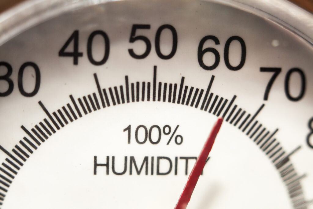 Closeup of hygrometer gauge showing the humidity level.